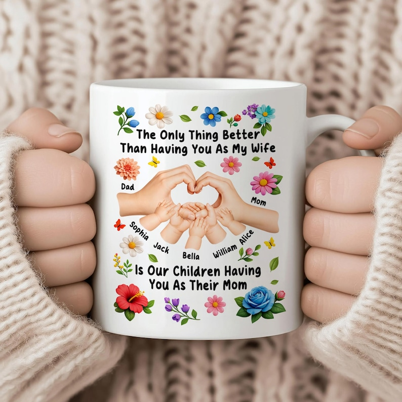 Personalized Family Hands Heart Mug, Mom Mug with Kids Names, Custom Floral Mom Gift, Mother's Day Gift for Mom