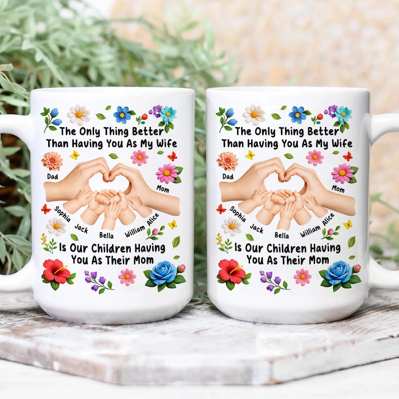 Personalized Family Hands Heart Mug, Mom Mug with Kids Names, Custom Floral Mom Gift, Mother's Day Gift for Mom