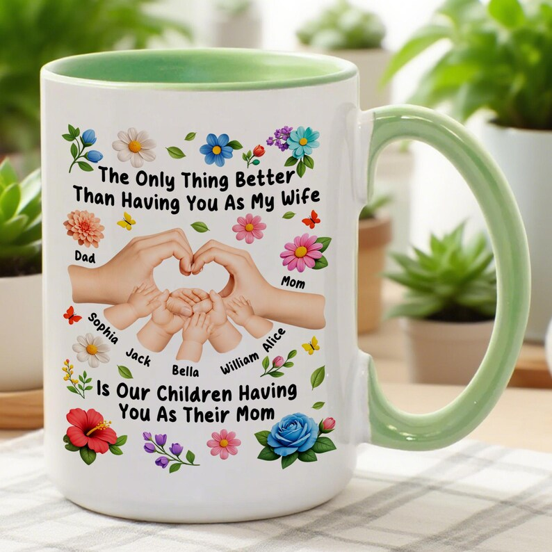 Personalized Family Hands Heart Mug, Mom Mug with Kids Names, Custom Floral Mom Gift, Mother's Day Gift for Mom