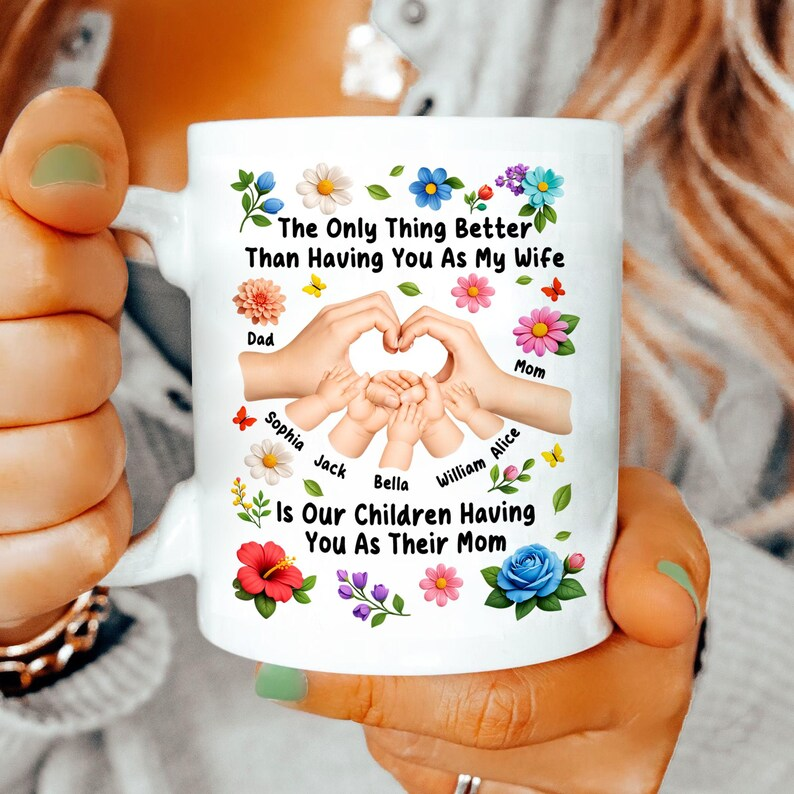 Personalized Family Hands Heart Mug, Mom Mug with Kids Names, Custom Floral Mom Gift, Mother's Day Gift for Mom