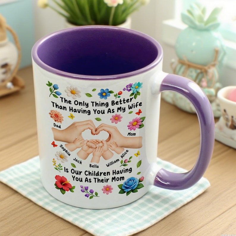Personalized Family Hands Heart Mug, Mom Mug with Kids Names, Custom Floral Mom Gift, Mother's Day Gift for Mom