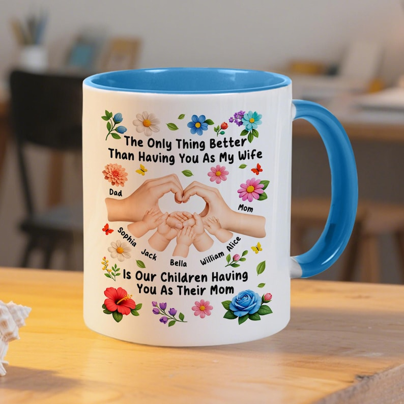 Personalized Family Hands Heart Mug, Mom Mug with Kids Names, Custom Floral Mom Gift, Mother's Day Gift for Mom