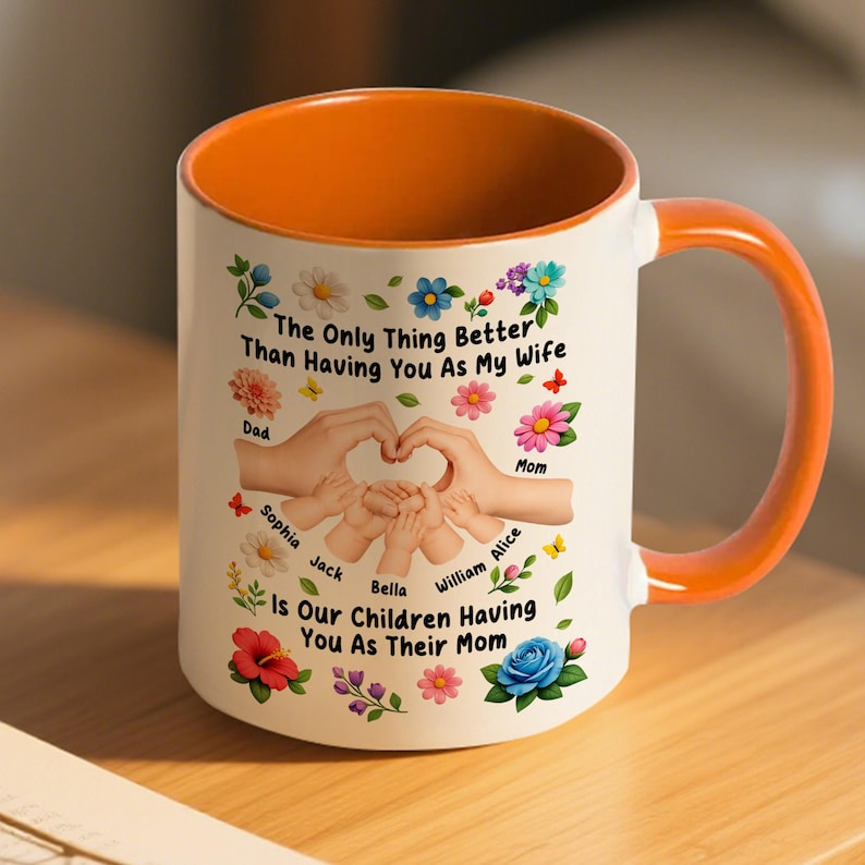 Personalized Family Hands Heart Mug, Mom Mug with Kids Names, Custom Floral Mom Gift, Mother's Day Gift for Mom
