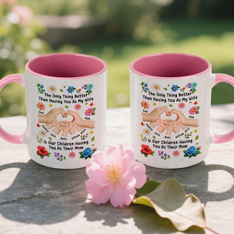 Personalized Family Hands Heart Mug, Mom Mug with Kids Names, Custom Floral Mom Gift, Mother's Day Gift for Mom