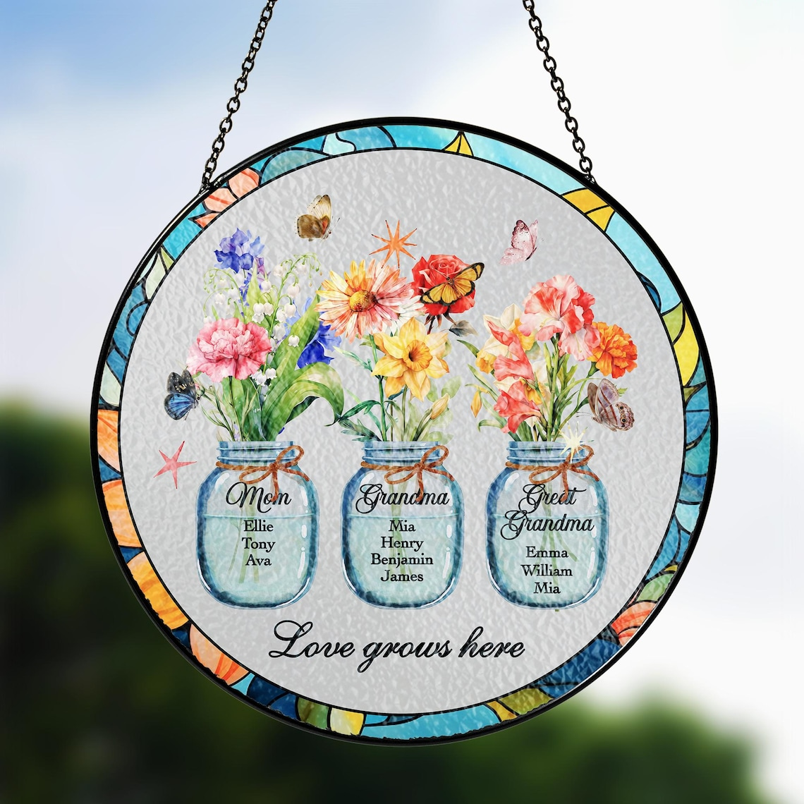 Custom Great Grandma's Garden Suncatcher, Birth Flower Stained Glass Window Decor, Mother's Day Gift, Gift from Grandkids, Grammy Present