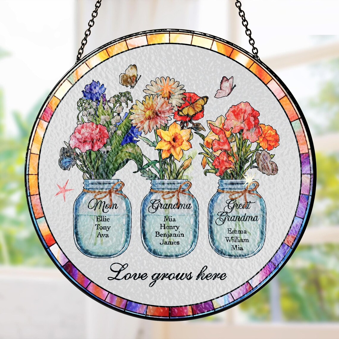 Custom Great Grandma's Garden Suncatcher, Birth Flower Stained Glass Window Decor, Mother's Day Gift, Gift from Grandkids, Grammy Present