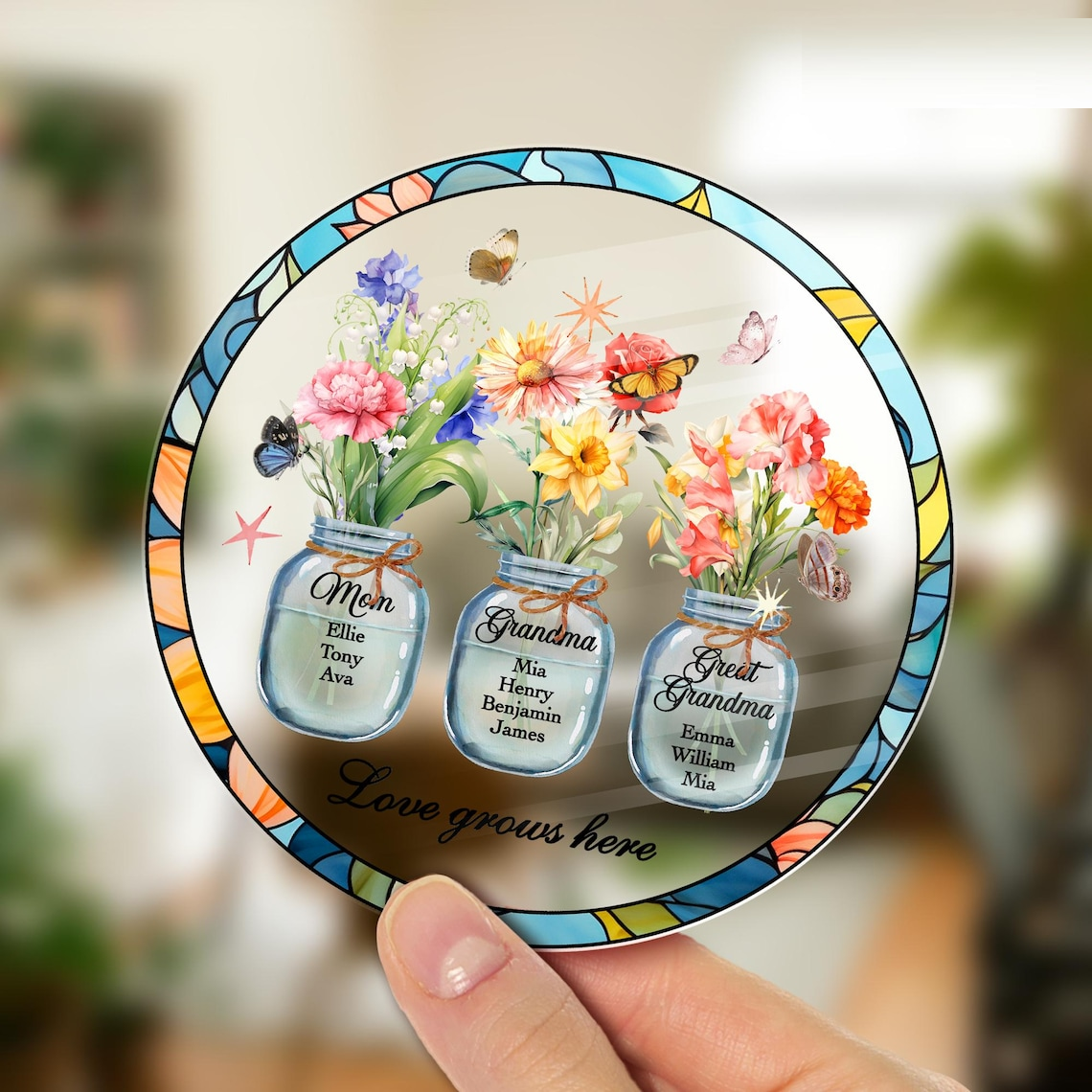 Custom Great Grandma's Garden Suncatcher, Birth Flower Stained Glass Window Decor, Mother's Day Gift, Gift from Grandkids, Grammy Present