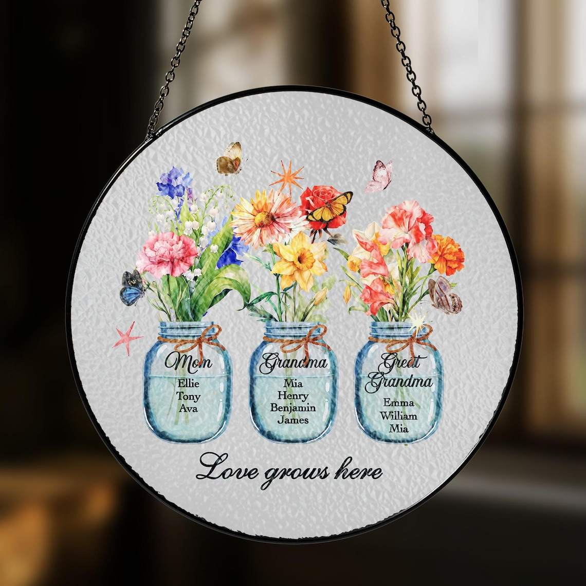 Custom Great Grandma's Garden Suncatcher, Birth Flower Stained Glass Window Decor, Mother's Day Gift, Gift from Grandkids, Grammy Present