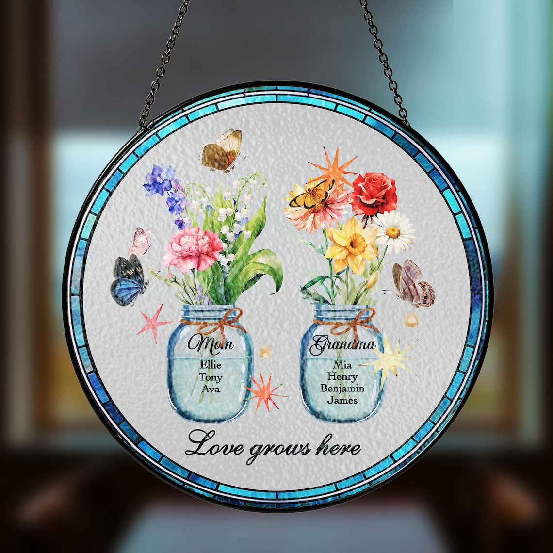 Custom Great Grandma's Garden Suncatcher, Birth Flower Stained Glass Window Decor, Mother's Day Gift, Gift from Grandkids, Grammy Present
