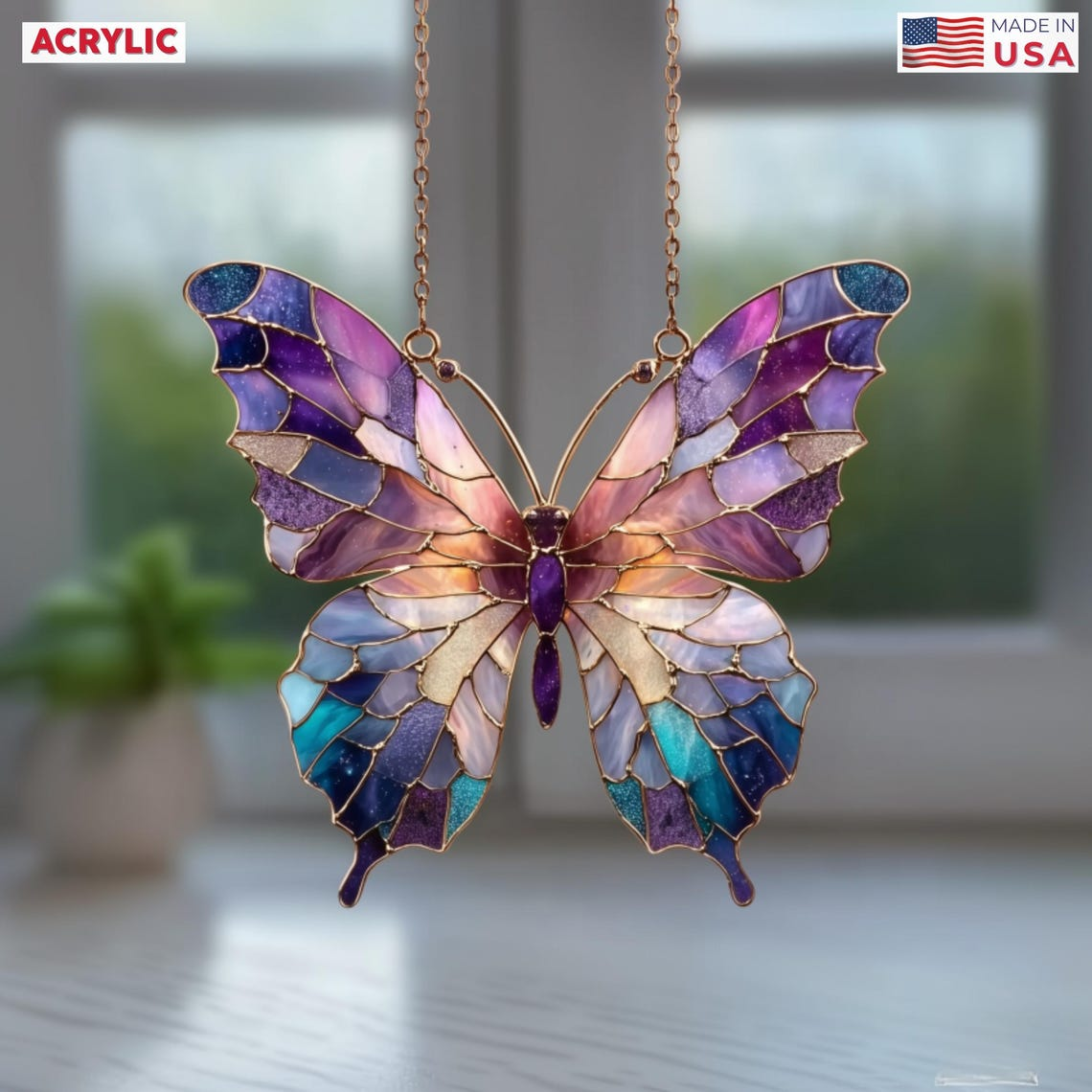 Custom Butterfly Suncatcher, Acrylic Purple Butterfly Suncatcher, Sympathy Window Hanging, Mother's Day Butterfly with Flowers Garden Decor
