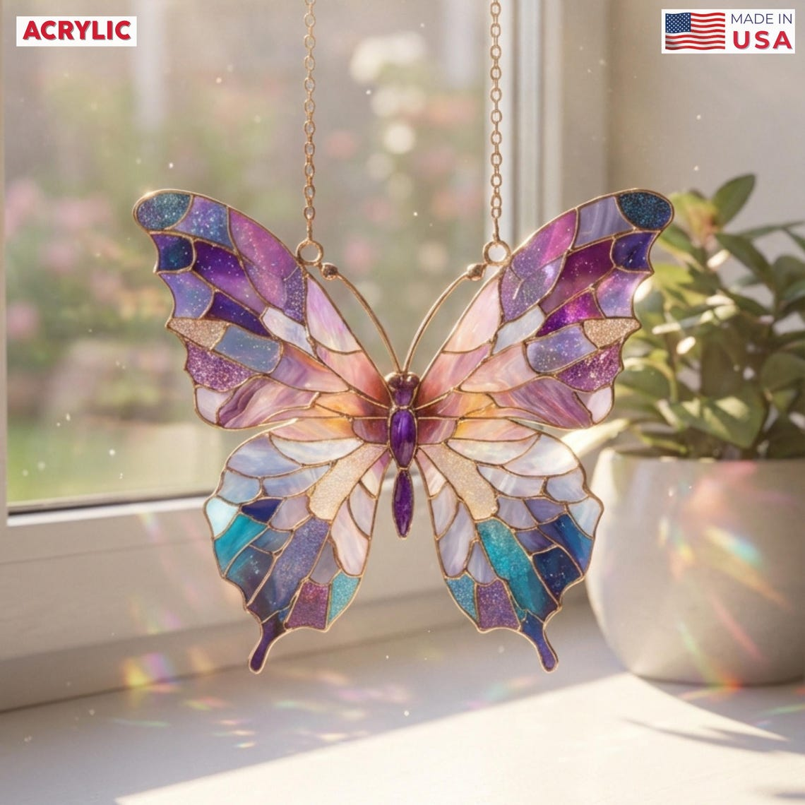 Custom Butterfly Suncatcher, Acrylic Purple Butterfly Suncatcher, Sympathy Window Hanging, Mother's Day Butterfly with Flowers Garden Decor