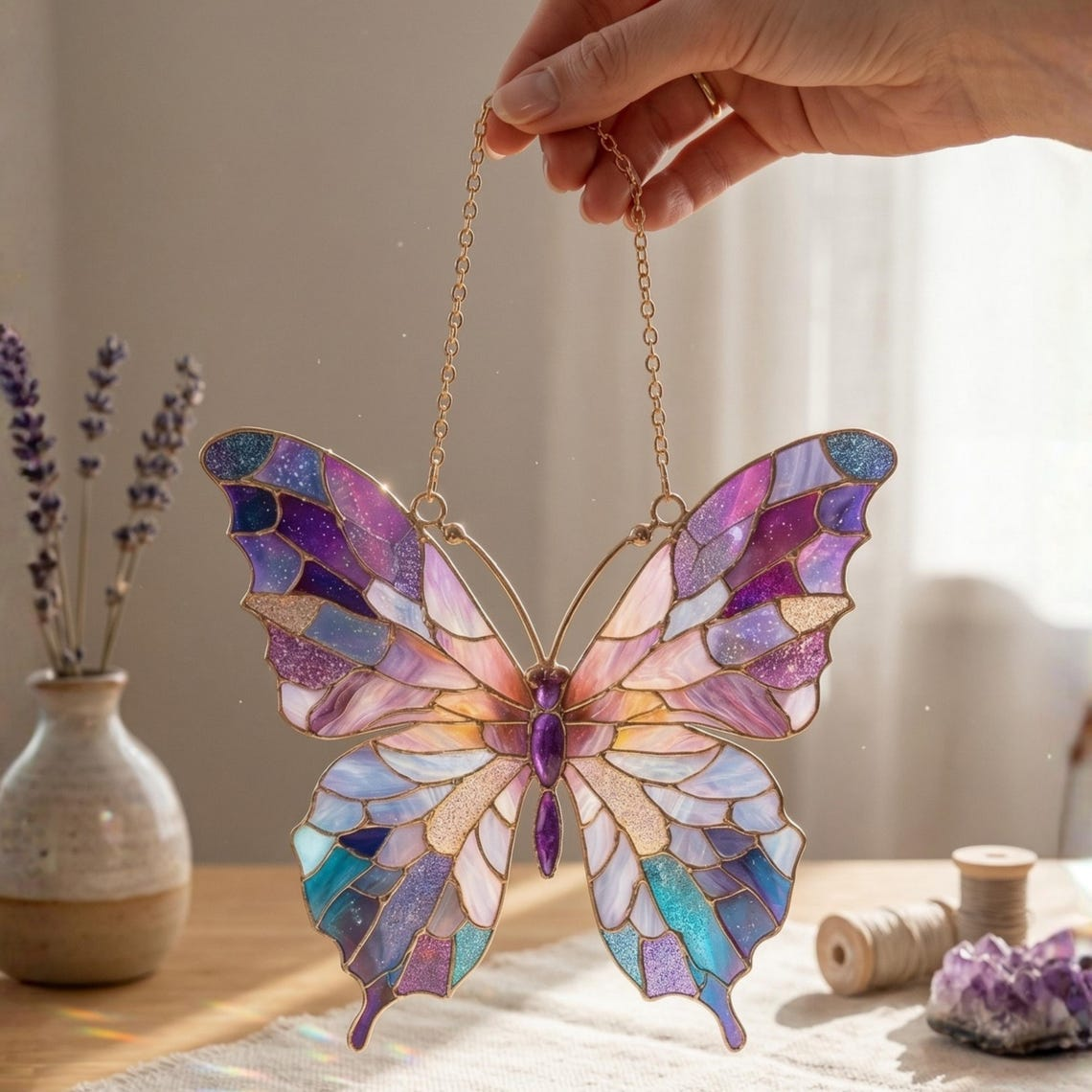 Custom Butterfly Suncatcher, Acrylic Purple Butterfly Suncatcher, Sympathy Window Hanging, Mother's Day Butterfly with Flowers Garden Decor