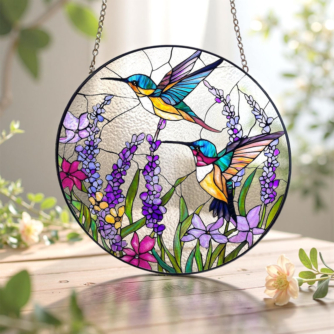 Hummingbird Stained Glass Suncatcher, Mother's Day Gift for Mom Grandma, Window Hanging Bird Art, Sympathy Memory Gift, Spring Decor