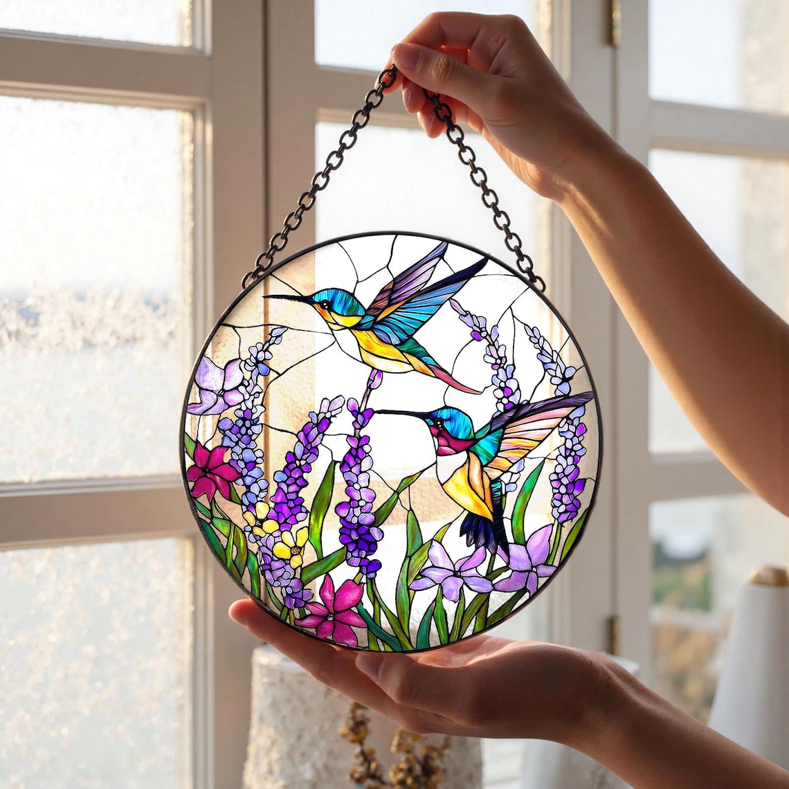 Hummingbird Stained Glass Suncatcher, Mother's Day Gift for Mom Grandma, Window Hanging Bird Art, Sympathy Memory Gift, Spring Decor