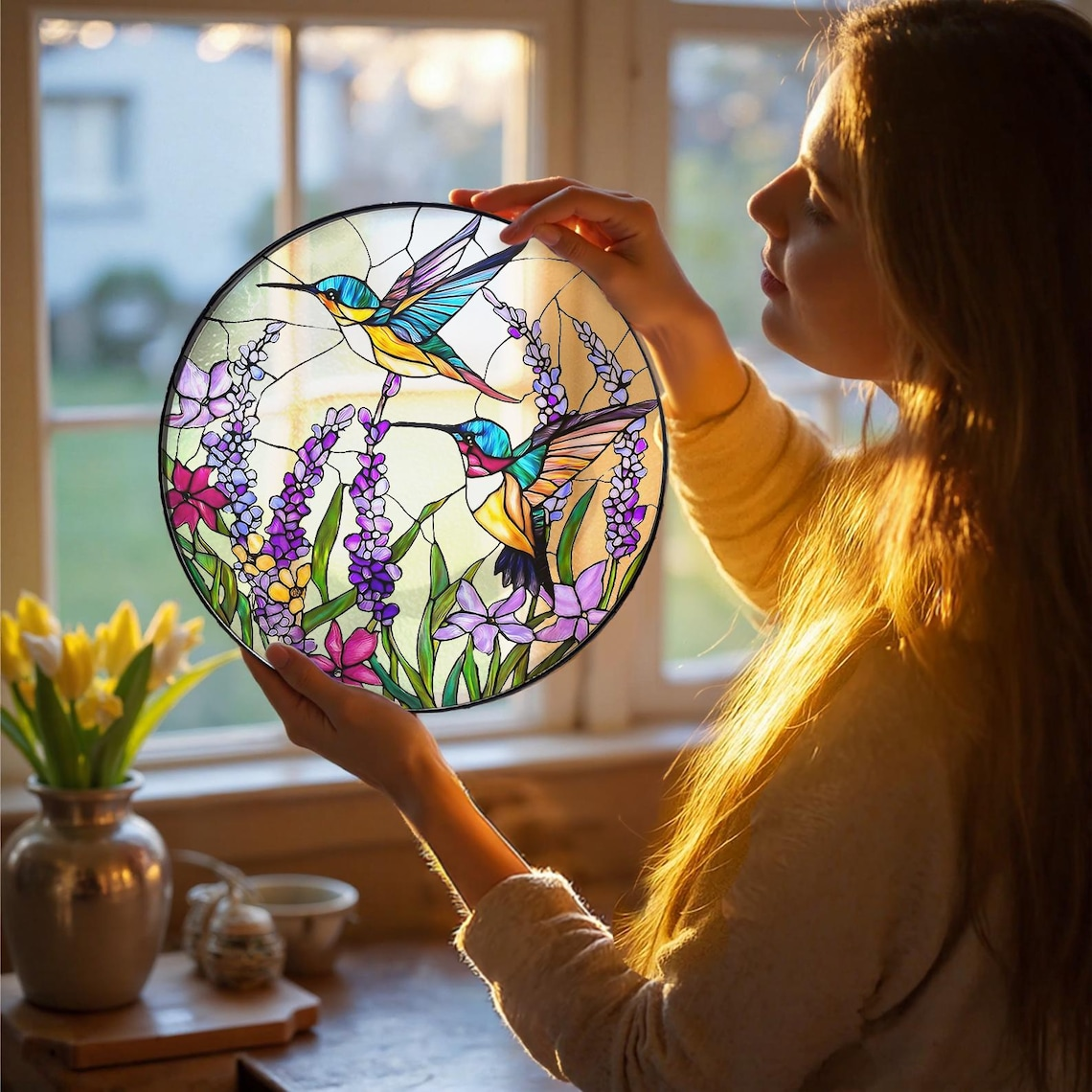 Hummingbird Stained Glass Suncatcher, Mother's Day Gift for Mom Grandma, Window Hanging Bird Art, Sympathy Memory Gift, Spring Decor