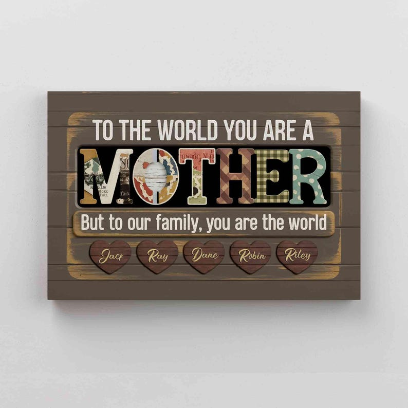 Personalized Mom Canvas, To The World You Are A Mother Poster, Mom Wall Decor, Mother’s Day Canvas, Birthday Gifts For Mom With Kids Name