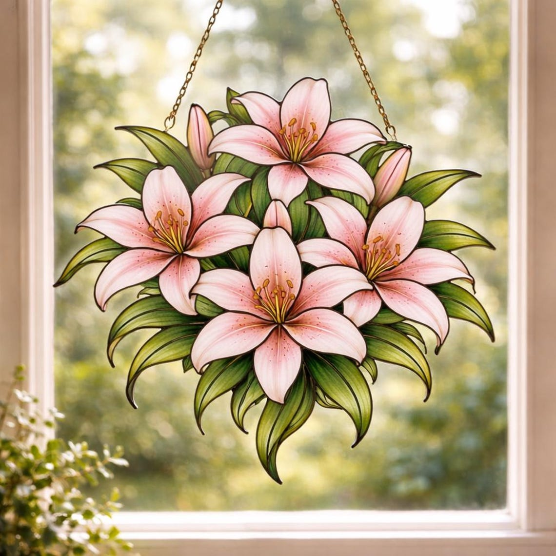 Pink Lily Suncatcher Window Hanging, Golden Floral Bouquet Style Decor, Botanical Flower Art, Spring Garden Decor, Mother's Day Gift