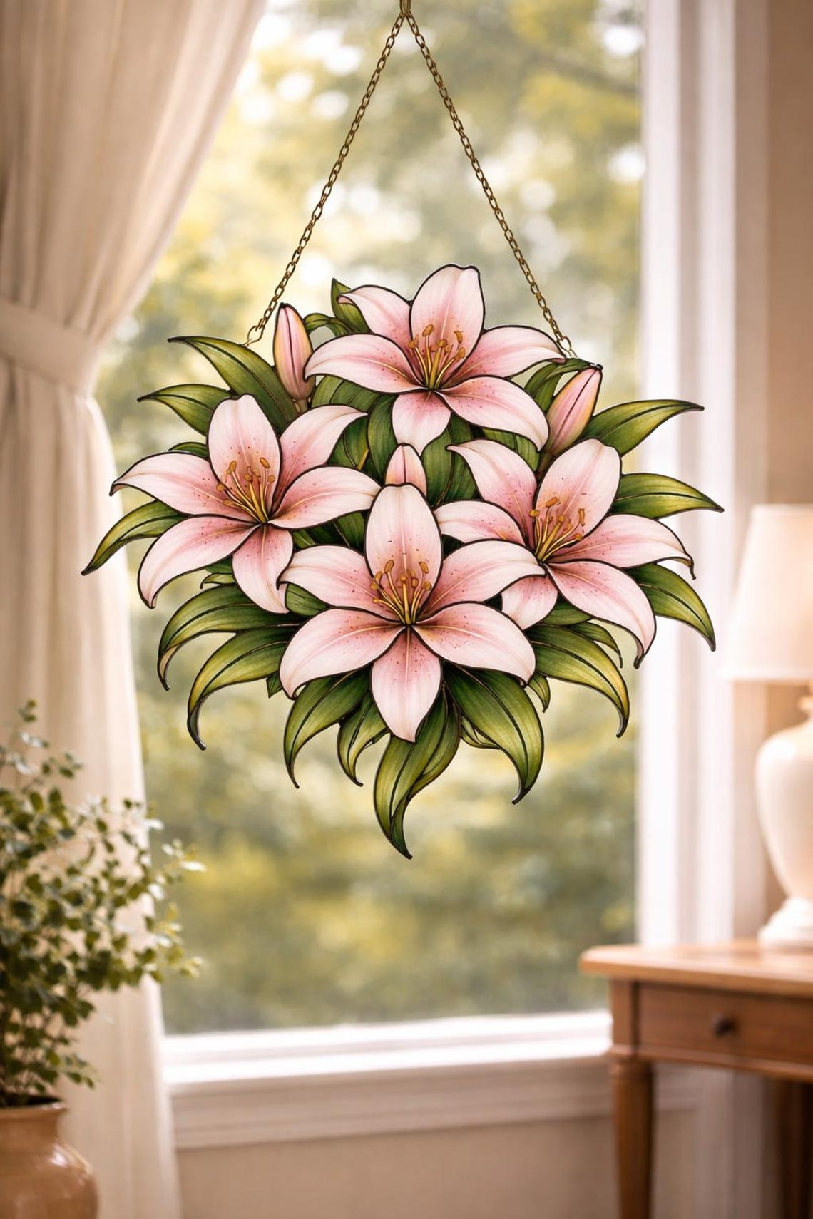 Pink Lily Suncatcher Window Hanging, Golden Floral Bouquet Style Decor, Botanical Flower Art, Spring Garden Decor, Mother's Day Gift