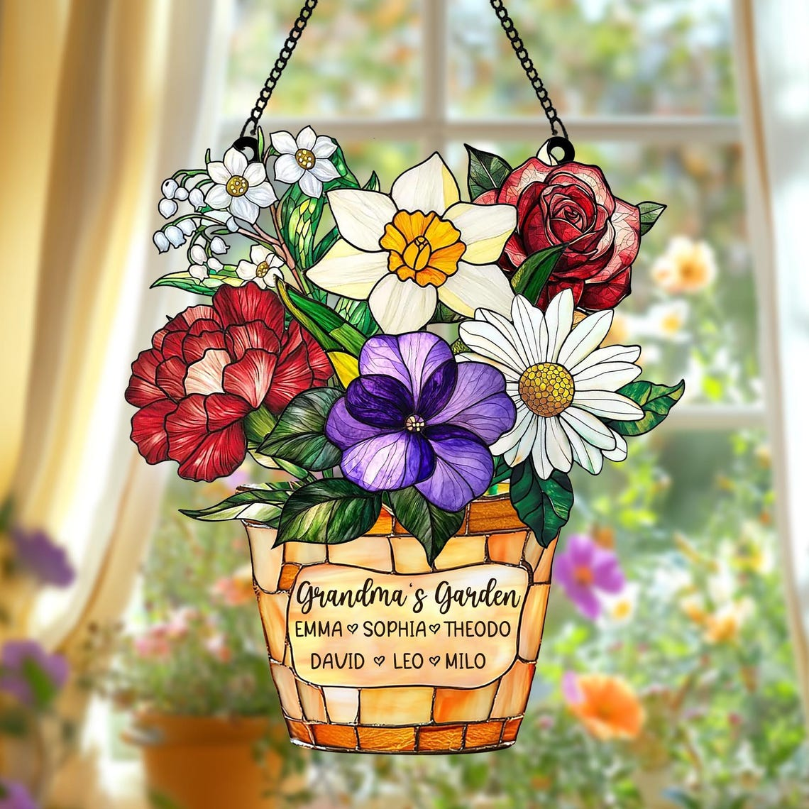 Custom Family Acrylic Suncatcher Personalized Birth Flower Faux Stained Glass, Gift for Mom, Grandma, Mother’s Day, Family Name Decor