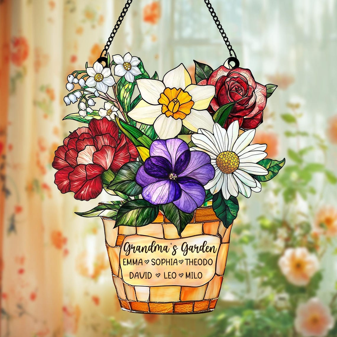 Custom Family Acrylic Suncatcher Personalized Birth Flower Faux Stained Glass, Gift for Mom, Grandma, Mother’s Day, Family Name Decor