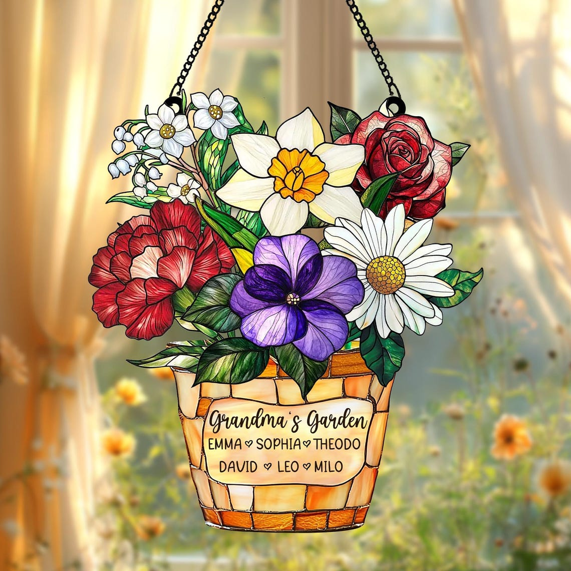 Custom Family Acrylic Suncatcher Personalized Birth Flower Faux Stained Glass, Gift for Mom, Grandma, Mother’s Day, Family Name Decor
