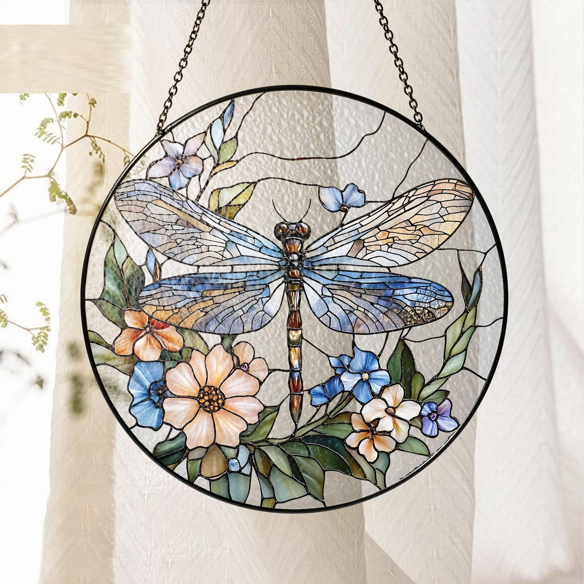 Dragonfly Stained Glass Suncatcher, Dragonfly Flower Suncatcher, Dragonfly Window Hanging,In Door Decoration,Kitchen Decoration,Gift for Mom