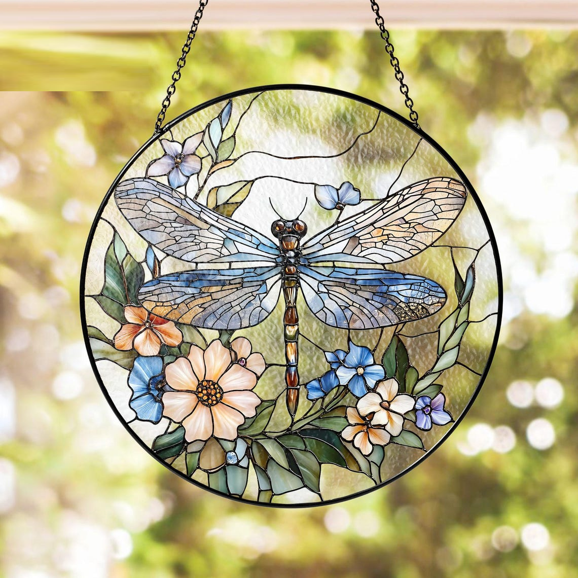 Dragonfly Stained Glass Suncatcher, Dragonfly Flower Suncatcher, Dragonfly Window Hanging,In Door Decoration,Kitchen Decoration,Gift for Mom