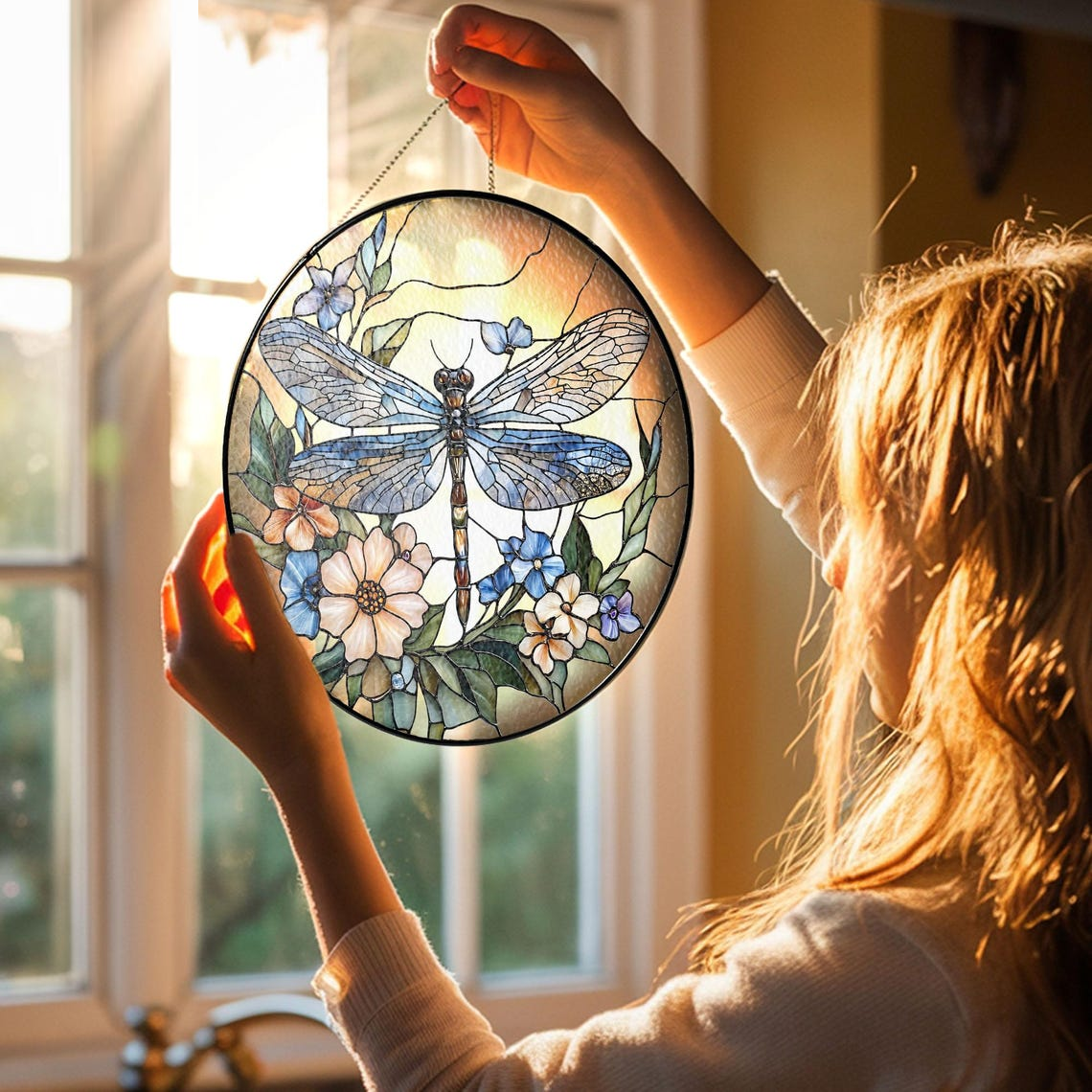 Dragonfly Stained Glass Suncatcher, Dragonfly Flower Suncatcher, Dragonfly Window Hanging,In Door Decoration,Kitchen Decoration,Gift for Mom