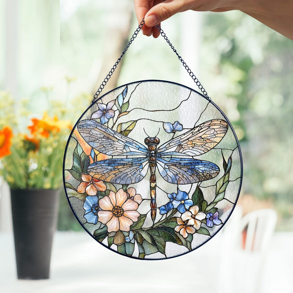 Dragonfly Stained Glass Suncatcher, Dragonfly Flower Suncatcher, Dragonfly Window Hanging,In Door Decoration,Kitchen Decoration,Gift for Mom