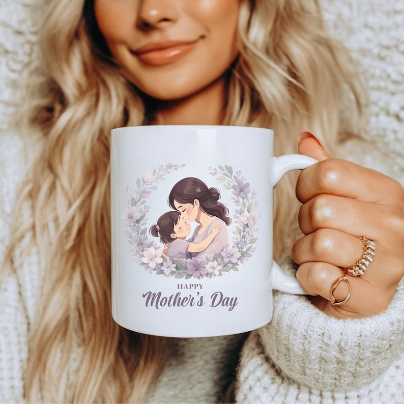 Heartfelt Happy Mothers Day Mug, Floral Mom and Child Coffee Mug, Gift for Mom from Daughter or Son