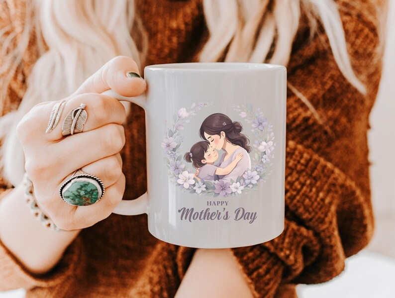 Heartfelt Happy Mothers Day Mug, Floral Mom and Child Coffee Mug, Gift for Mom from Daughter or Son