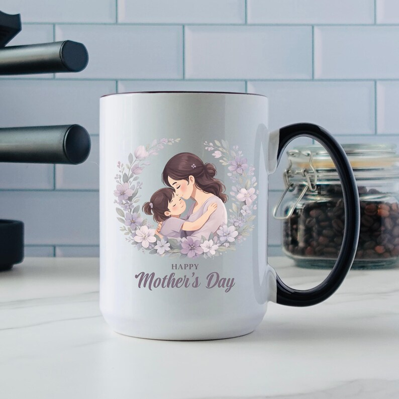 Heartfelt Happy Mothers Day Mug, Floral Mom and Child Coffee Mug, Gift for Mom from Daughter or Son