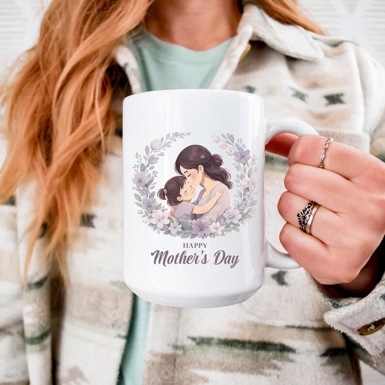 Heartfelt Happy Mothers Day Mug, Floral Mom and Child Coffee Mug, Gift for Mom from Daughter or Son