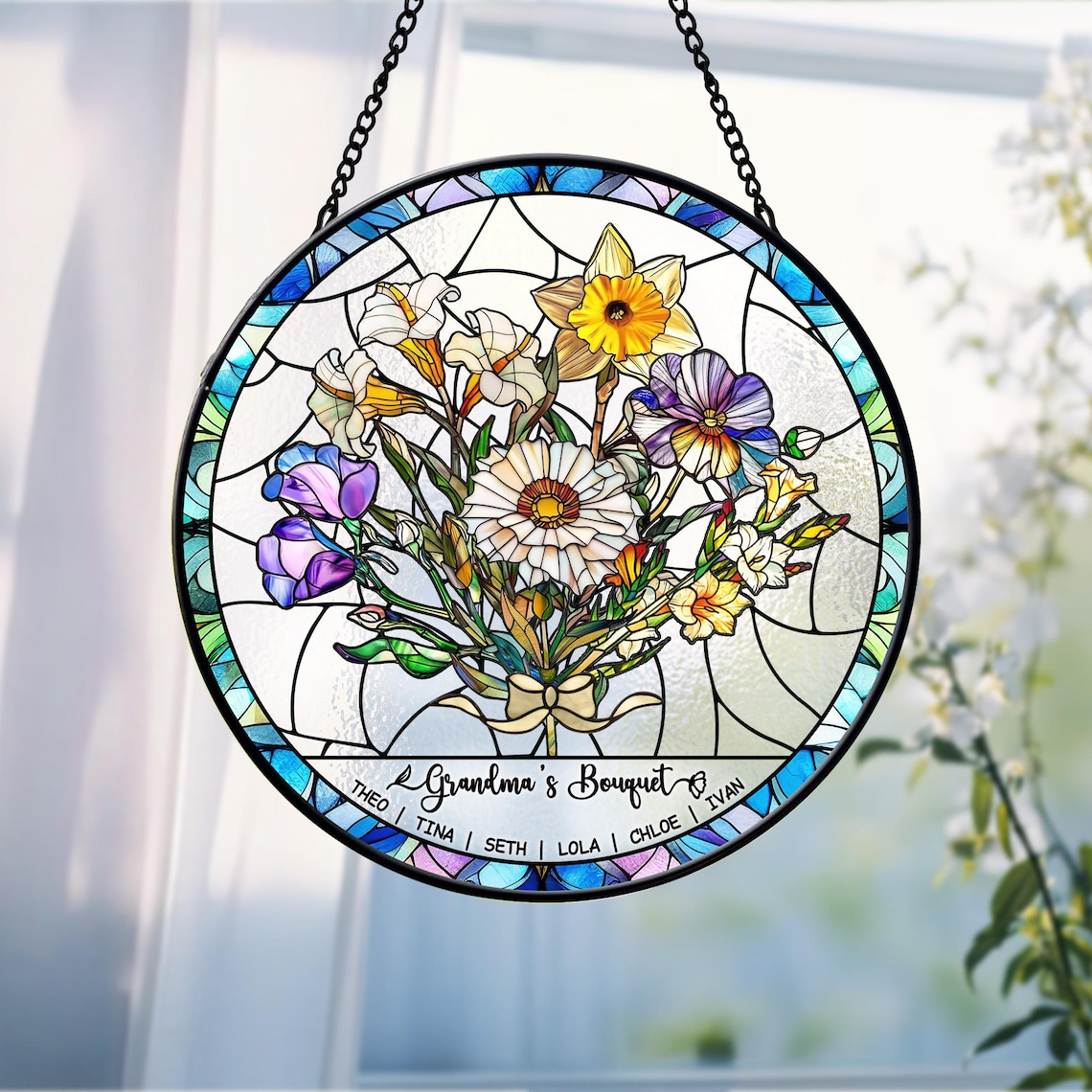 Personalized Birth Flowers Stained Glass Art Suncatcher, Birth Flower Gift Mothers Day Gift, Mother's Day Gift, Grandma's Garden Gift