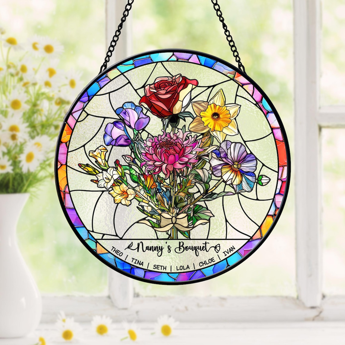 Personalized Birth Flowers Stained Glass Art Suncatcher, Birth Flower Gift Mothers Day Gift, Mother's Day Gift, Grandma's Garden Gift