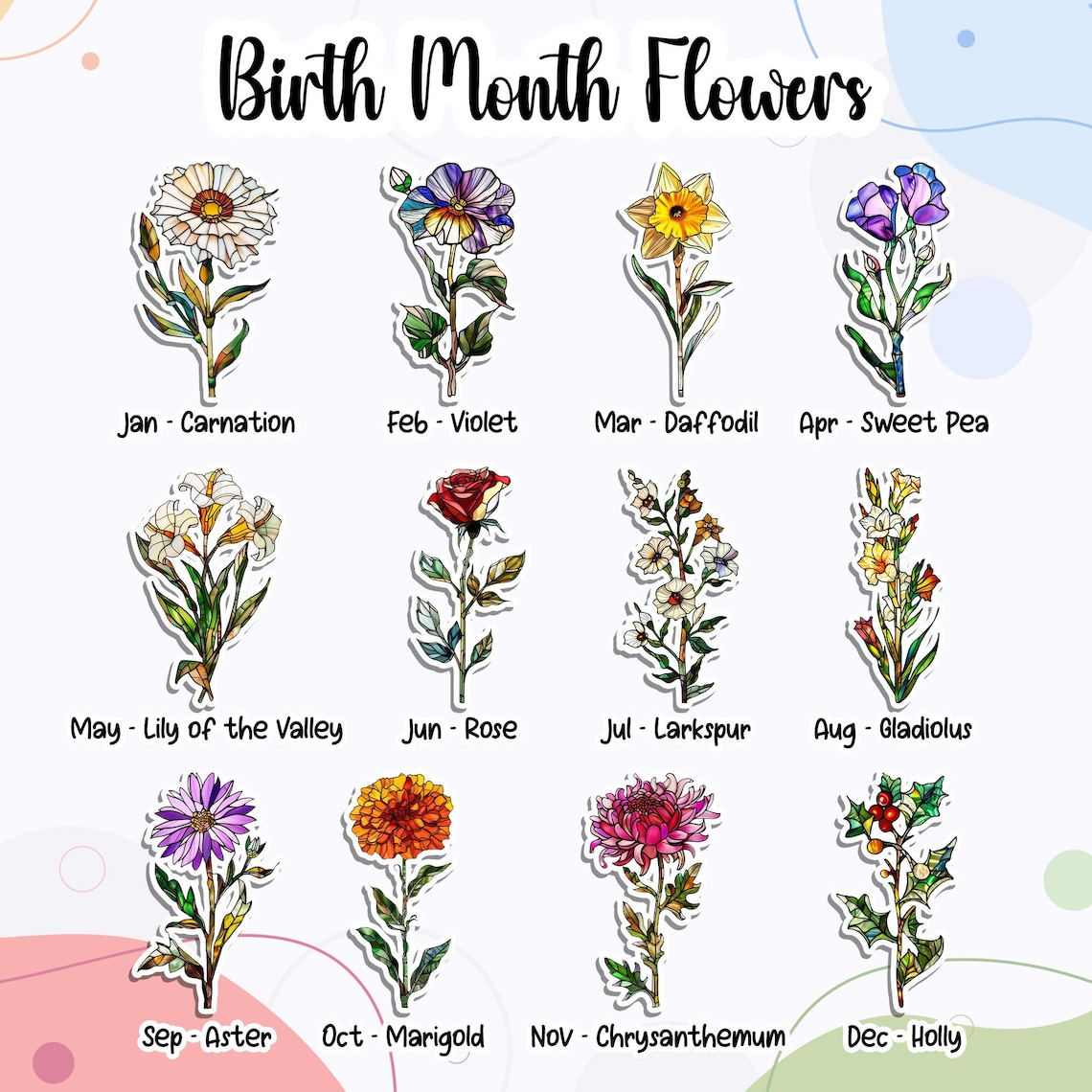 Personalized Birth Flowers Stained Glass Art Suncatcher, Birth Flower Gift Mothers Day Gift, Mother's Day Gift, Grandma's Garden Gift