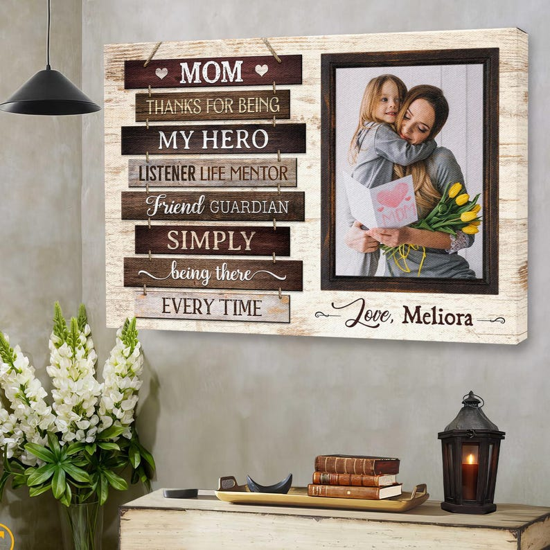 Custom Canvas For Mom, Personalized Mothers Day Gifts | Birthday Gifts Canvas Wall Art, Thanks For Being My Hero Dem Canvas