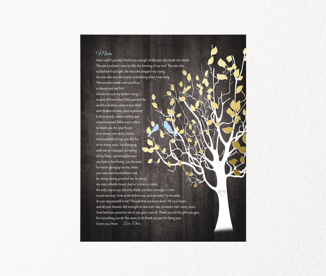 Personalized Gift Ideas for Mom, Poem for Mother, from Son / Daughter, Beautiful Custom Art, Printable, Print, Canvas, Tree Birds
