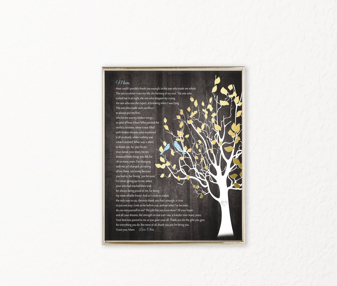 Personalized Gift Ideas for Mom, Poem for Mother, from Son / Daughter, Beautiful Custom Art, Printable, Print, Canvas, Tree Birds