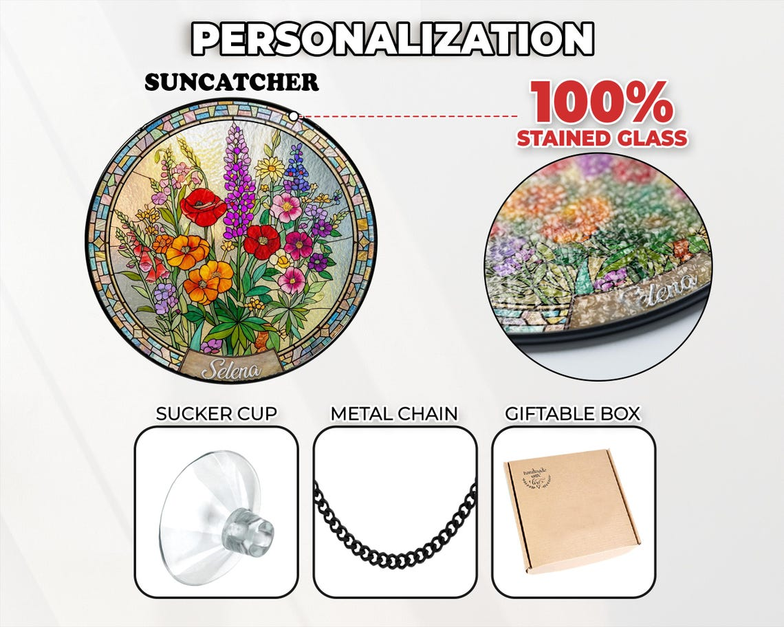 Personalized Mama Garden Suncatcher,Birth Flower Stained Glass Window Hanging,Mother’s Day Gift for Mom Grandma,Wildflower Glass Art Decor