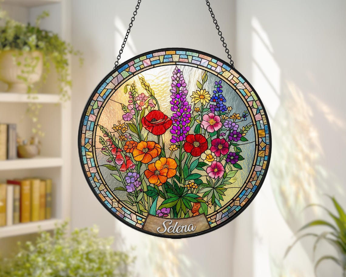 Personalized Mama Garden Suncatcher,Birth Flower Stained Glass Window Hanging,Mother’s Day Gift for Mom Grandma,Wildflower Glass Art Decor