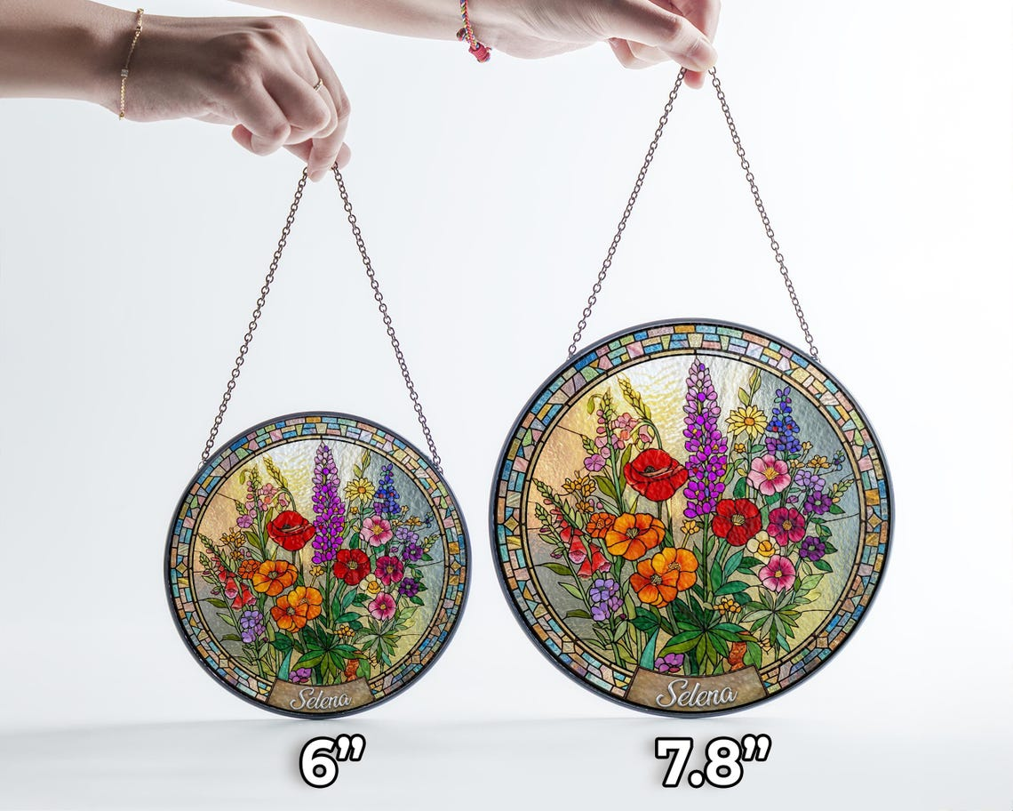 Personalized Mama Garden Suncatcher,Birth Flower Stained Glass Window Hanging,Mother’s Day Gift for Mom Grandma,Wildflower Glass Art Decor