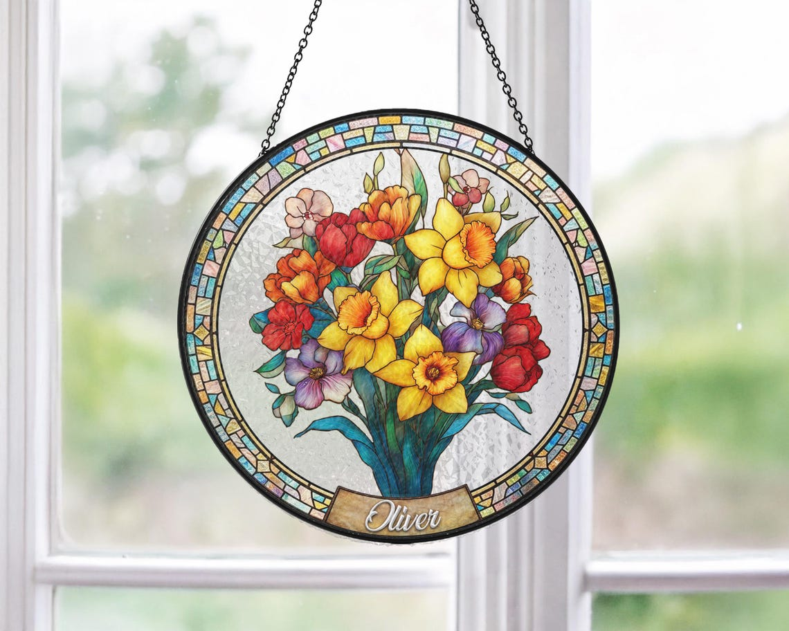 Personalized Mama Garden Suncatcher,Birth Flower Stained Glass Window Hanging,Mother’s Day Gift for Mom Grandma,Wildflower Glass Art Decor