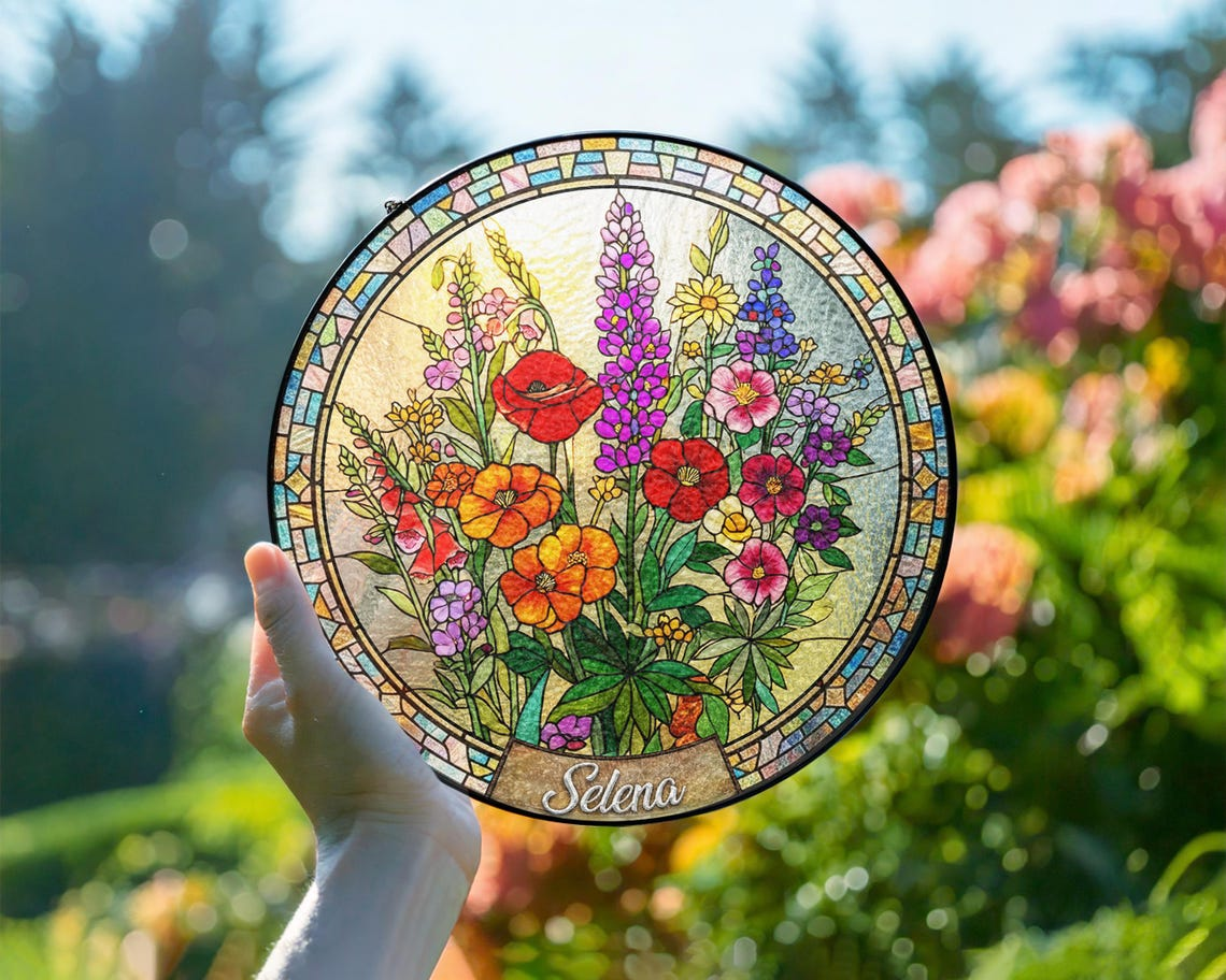 Personalized Mama Garden Suncatcher,Birth Flower Stained Glass Window Hanging,Mother’s Day Gift for Mom Grandma,Wildflower Glass Art Decor