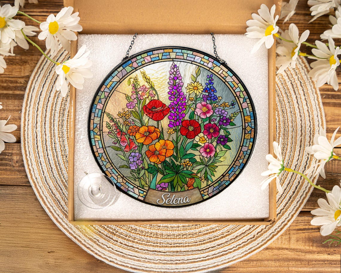 Personalized Mama Garden Suncatcher,Birth Flower Stained Glass Window Hanging,Mother’s Day Gift for Mom Grandma,Wildflower Glass Art Decor