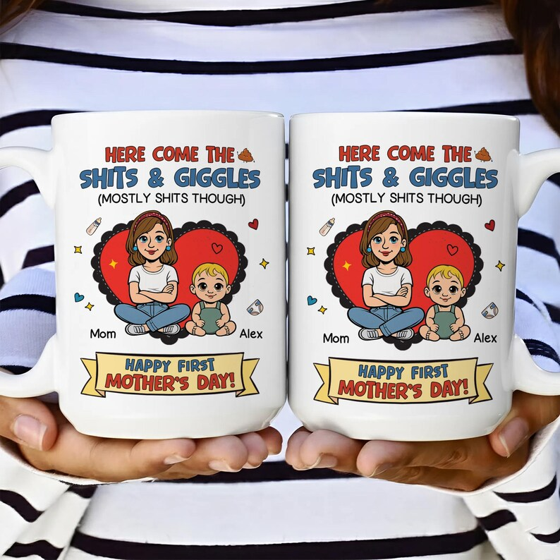 Personalized Funny New Mom Mug – Custom Baby Name Coffee Cup – “Here Comes the Sh*ts & Giggles” – Unique Mother’s Day Gift for First Time Mom