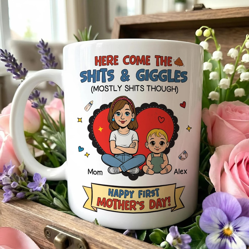 Personalized Funny New Mom Mug – Custom Baby Name Coffee Cup – “Here Comes the Sh*ts & Giggles” – Unique Mother’s Day Gift for First Time Mom