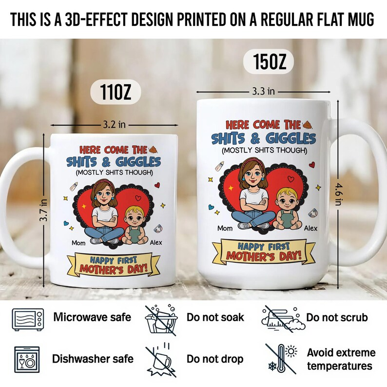 Personalized Funny New Mom Mug – Custom Baby Name Coffee Cup – “Here Comes the Sh*ts & Giggles” – Unique Mother’s Day Gift for First Time Mom