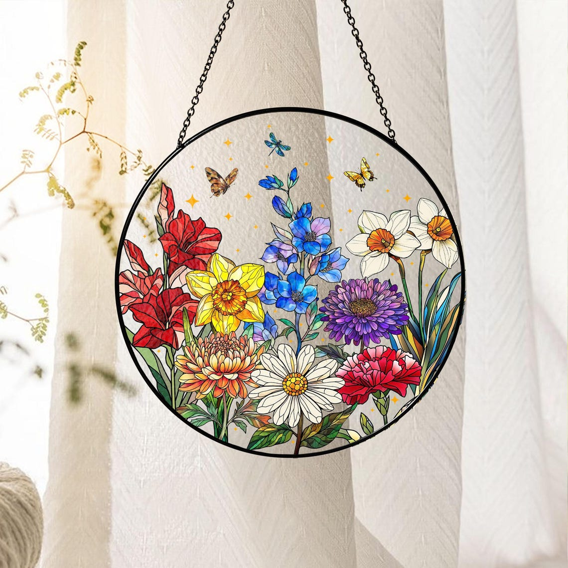 Personalized Grandmas Garden Birth Month Flower Stained Glass Suncatcher, Custom Moms Garden Hanging Art Decor, Mothers Day Gift for Grandma