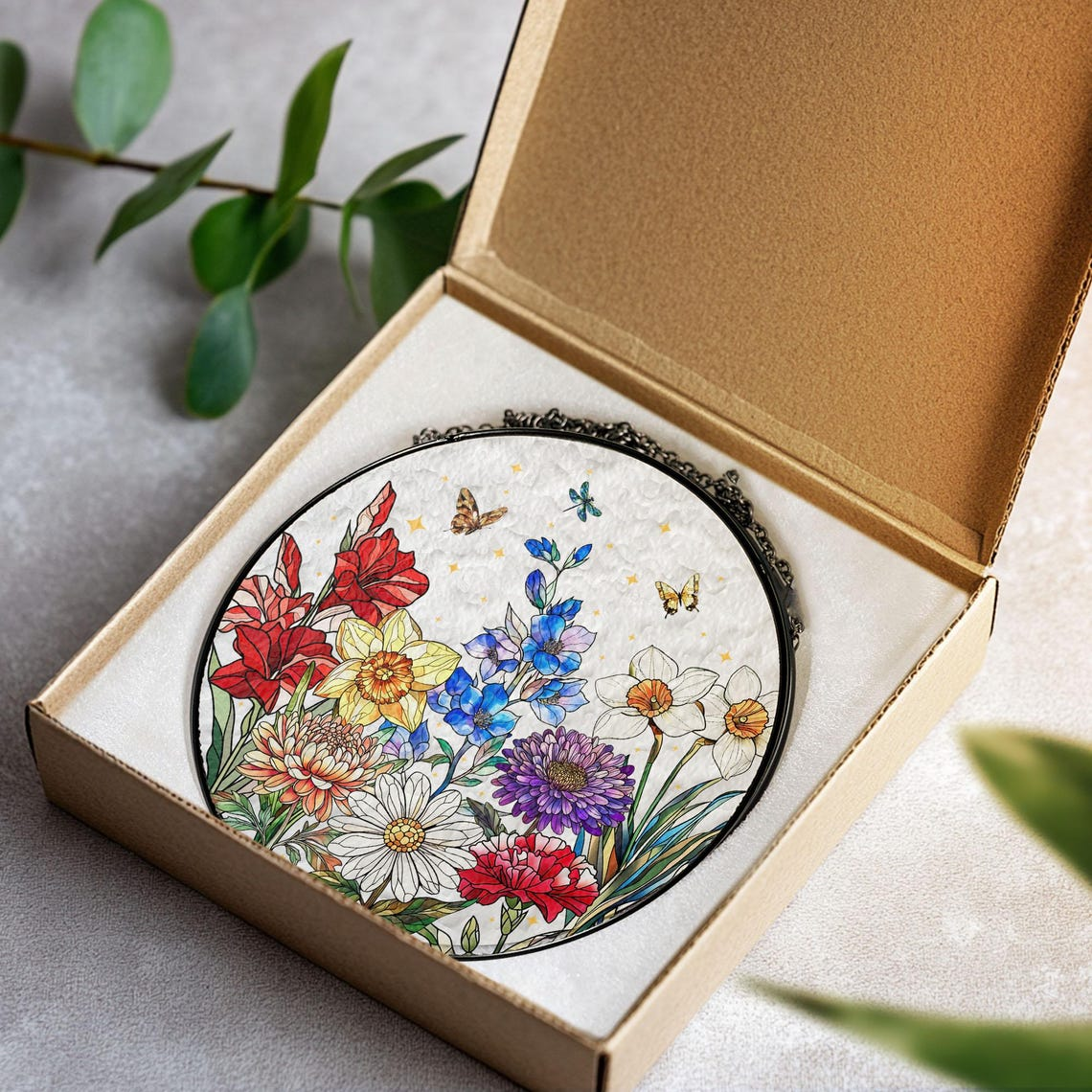 Personalized Grandmas Garden Birth Month Flower Stained Glass Suncatcher, Custom Moms Garden Hanging Art Decor, Mothers Day Gift for Grandma